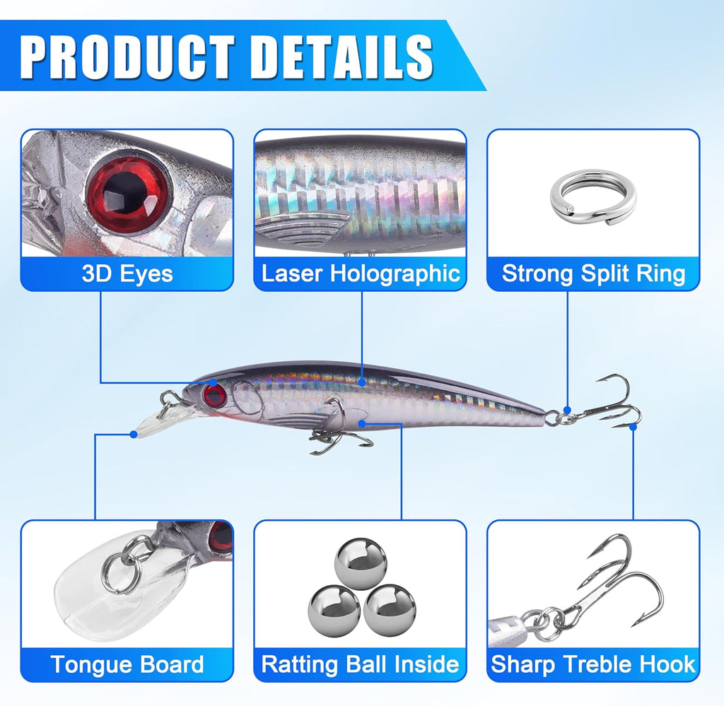 Saltwater Fishing Lures Kit, Surf Fishing Sriper Lures Saltwater Minnow Baits Deep Diving Jerkbait Popper Plugs Set for Striped Bass Offshore Ocean Tackle