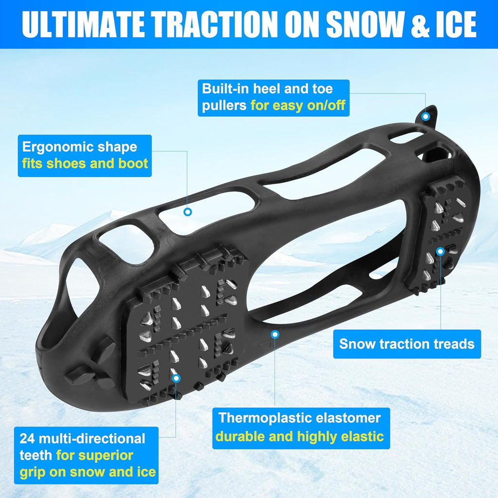 Ice Cleats Crampons for Shoes and Boots Anti Slip Snow Cleats 24 Shoe Spikes for Snow and Ice Grippers Crampons for Hiking Boots Women Men Kids Winter Walking Hiking Fishing