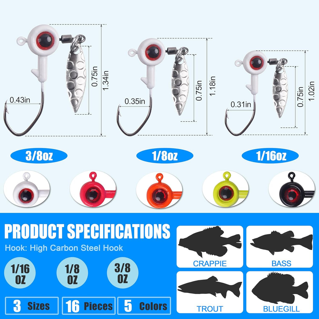 Crappie Jig Heads Kit, 16pcs Underspin Jig Heads with Spinner Blade 3D Eyes Fishing Jig Heads Hooks for Crappie Bass Trout Walleye Fishing 1/16oz 1/8oz 3/16oz