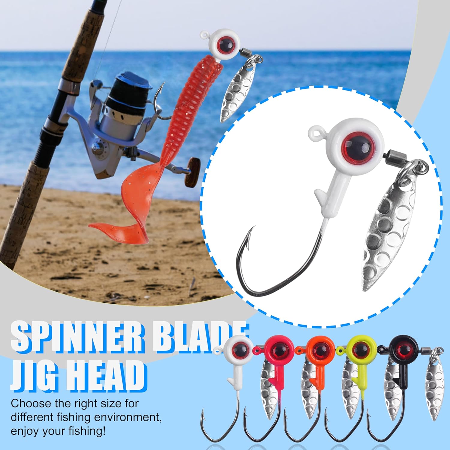 Crappie Jig Heads Kit, 16pcs Underspin Jig Heads with Spinner Blade 3D Eyes Fishing Jig Heads Hooks for Crappie Bass Trout Walleye Fishing 1/16oz 1/8oz 3/16oz