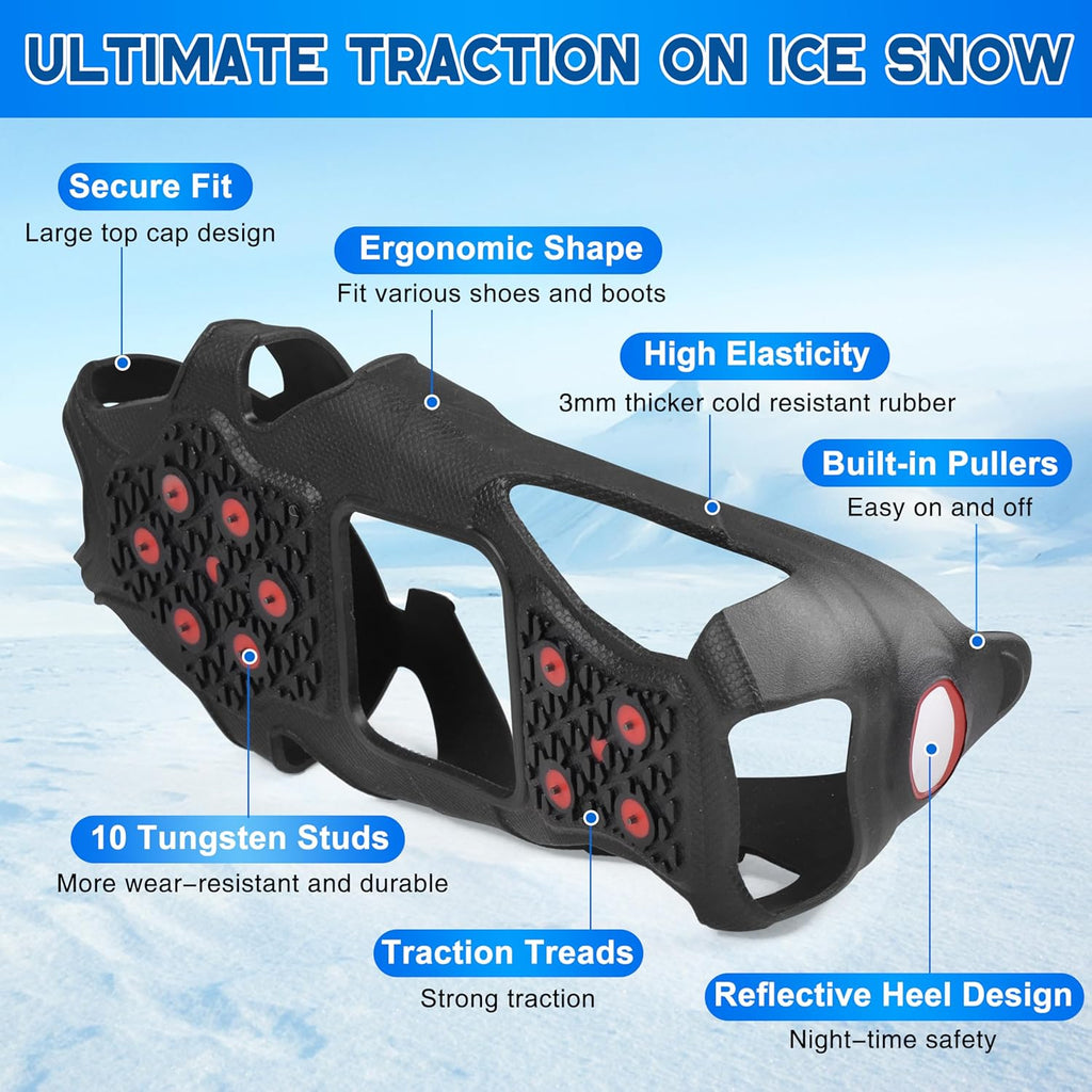 Ice Cleats for Shoes and Boots Tungsten Crampons Non-Slip Shoe Spikes Grippers for Snow and Ice Traction Cleats with Reflective Heel Slip-on Snow Cleats for Men Women Winter Walking