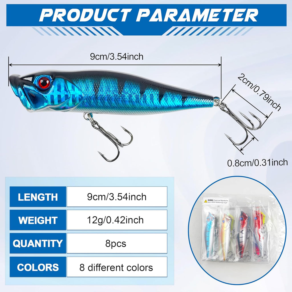 Popper Fishing Lures Kit,8pcs Saltwater Popper Lures Hard Baits Bass Fishing Lures Floating Lures Pencil Poppers Swimbaits for Bass Trout Walleye Freshwater Saltwater