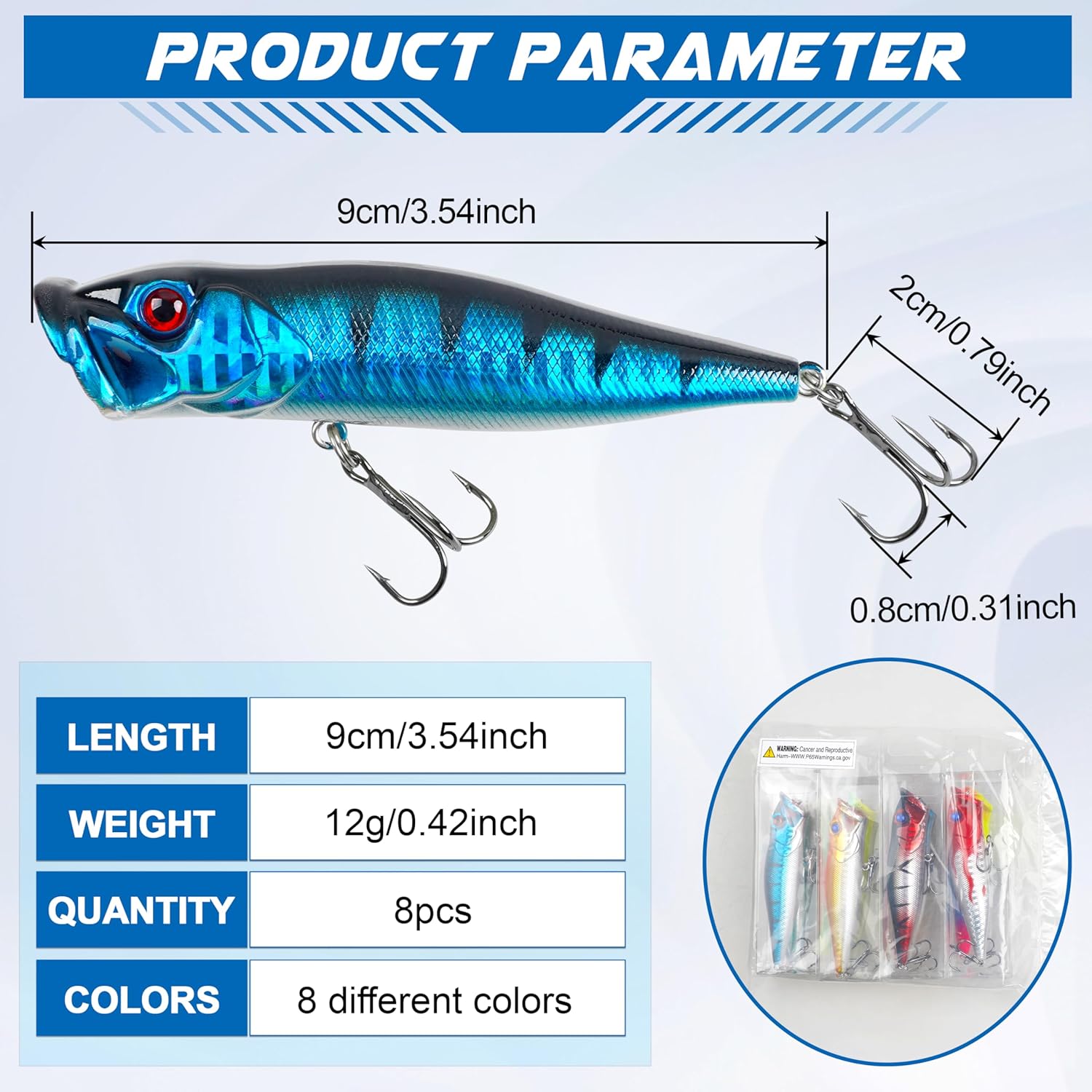 Popper Fishing Lures Kit,8pcs Saltwater Popper Lures Hard Baits Bass Fishing Lures Floating Lures Pencil Poppers Swimbaits for Bass Trout Walleye Freshwater Saltwater