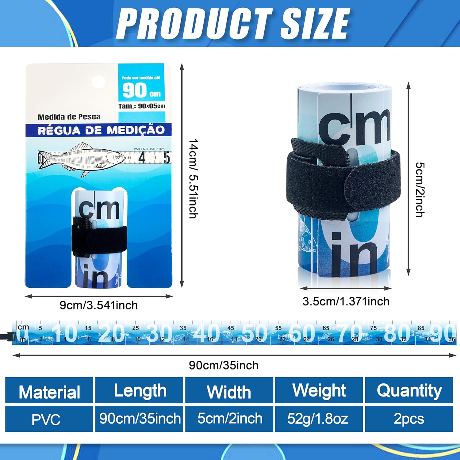 Fish Ruler Fish Measuring Tape 2 Packs 36in/90cm Folding Fishing Ruler Roll Up Fishing Tape Measure with Storage Strap Waterproof PVC Fish Measuring Tool for Boat Kayaks