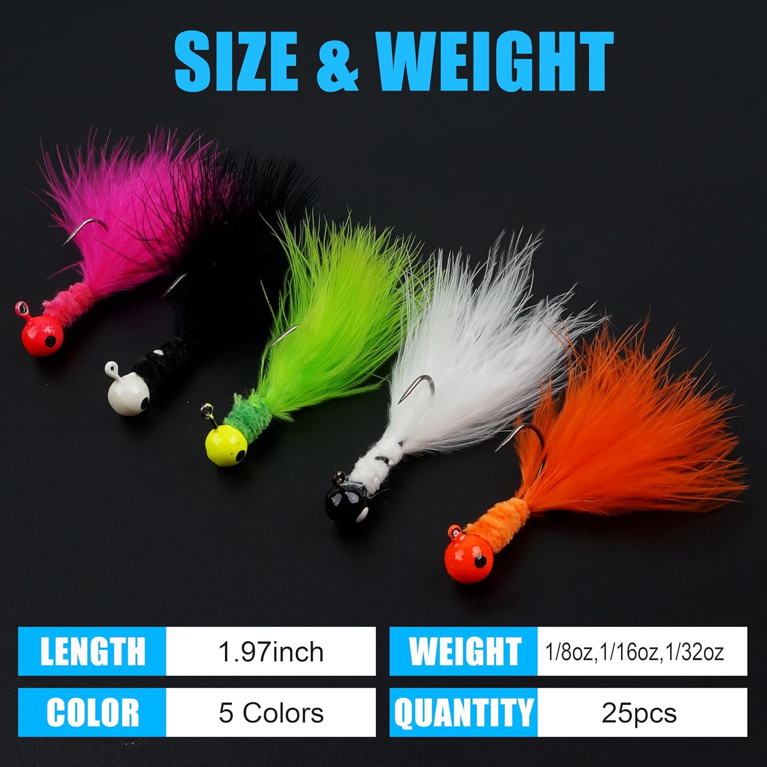 Marabou Jigs Fishing Lure Kit,25pcs Crappie Jigs Head Marabou Feather Jig Head Hooks Fishing Hair Jigs Baits for Bass Trout Walleye Panfish 1/32oz 1/16oz 1/8oz