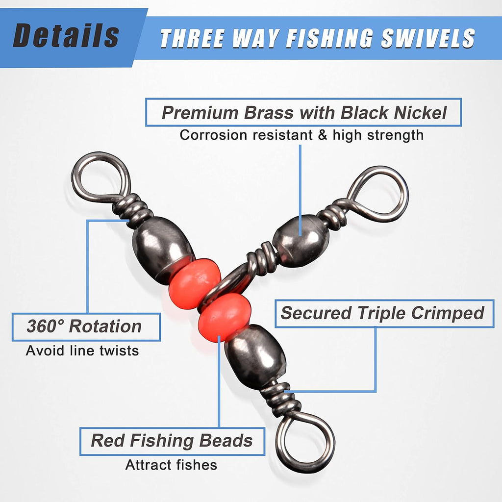 SILANON 3 Way T-Turn Barrel Swivels Fishing Tackle,40pcs Brass Barrel Triple Swivel Cross Line 3 Way Barrel Fishing Connector with Red Fishing Beads for Freshwater Saltwater Test 20-100LB