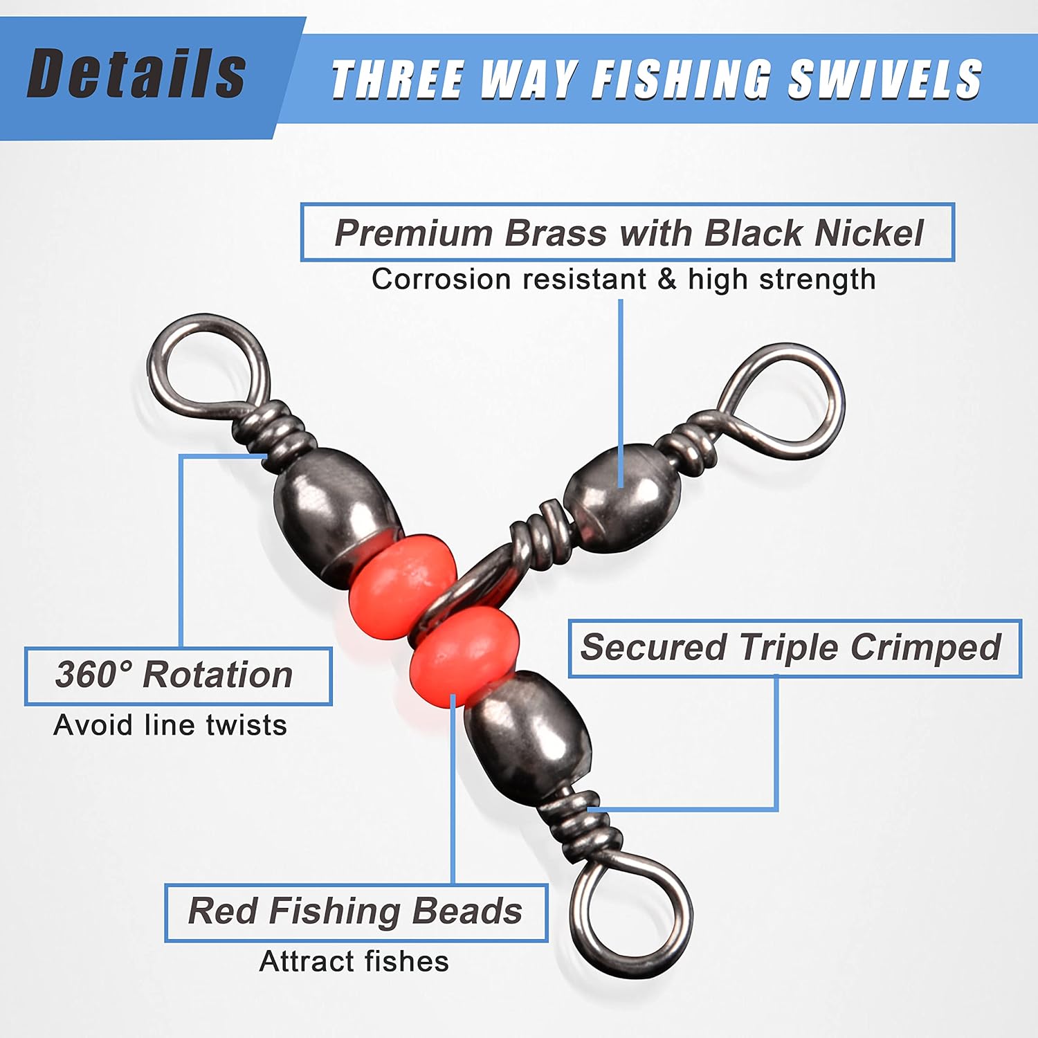 SILANON 3 Way T-Turn Barrel Swivels Fishing Tackle,40pcs Brass Barrel Triple Swivel Cross Line 3 Way Barrel Fishing Connector with Red Fishing Beads for Freshwater Saltwater Test 20-100LB