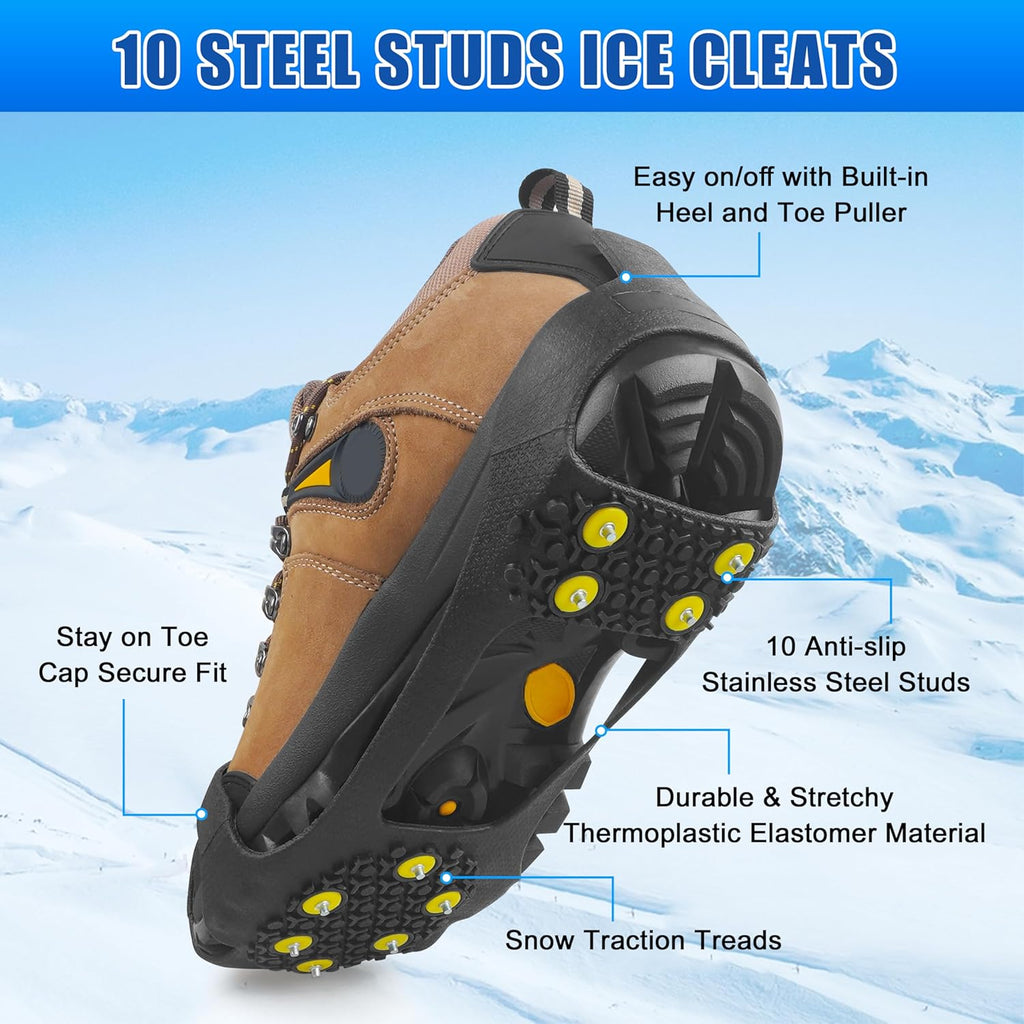 Ice Snow Cleats for Shoes Boots,Walk Traction Cleats Rubber Crampons Anti Slip 10-Stud Winter Ice Cleat Slip-on Stretch Footwear for Women Men Kids
