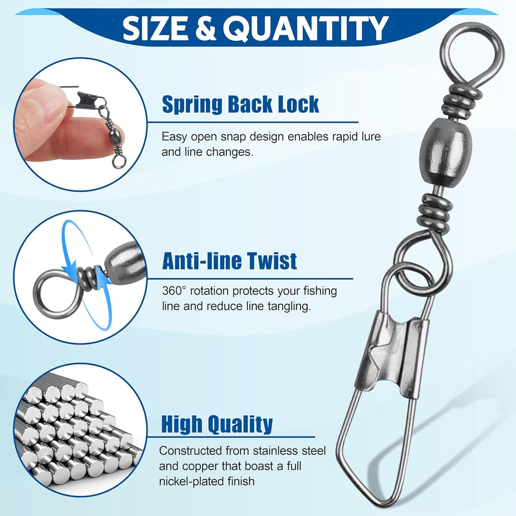 SILANON Fishing Snap Swivel Kit, 75pcs Rolling Barrel Swivels with Safety Snap High Strength Fishing Line Connector Swivels Snap Fishing Tackle
