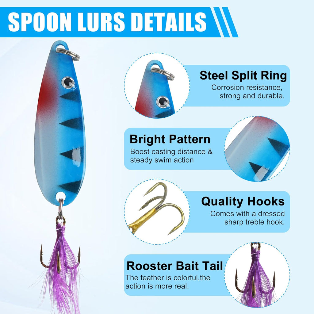 Rooster Bait Tail Spinner Fishing Lures Kit,30pcs Metal Spoon Lures with Feathered Treble Hooks for Bass Walleye Trout Freshwater Saltwater