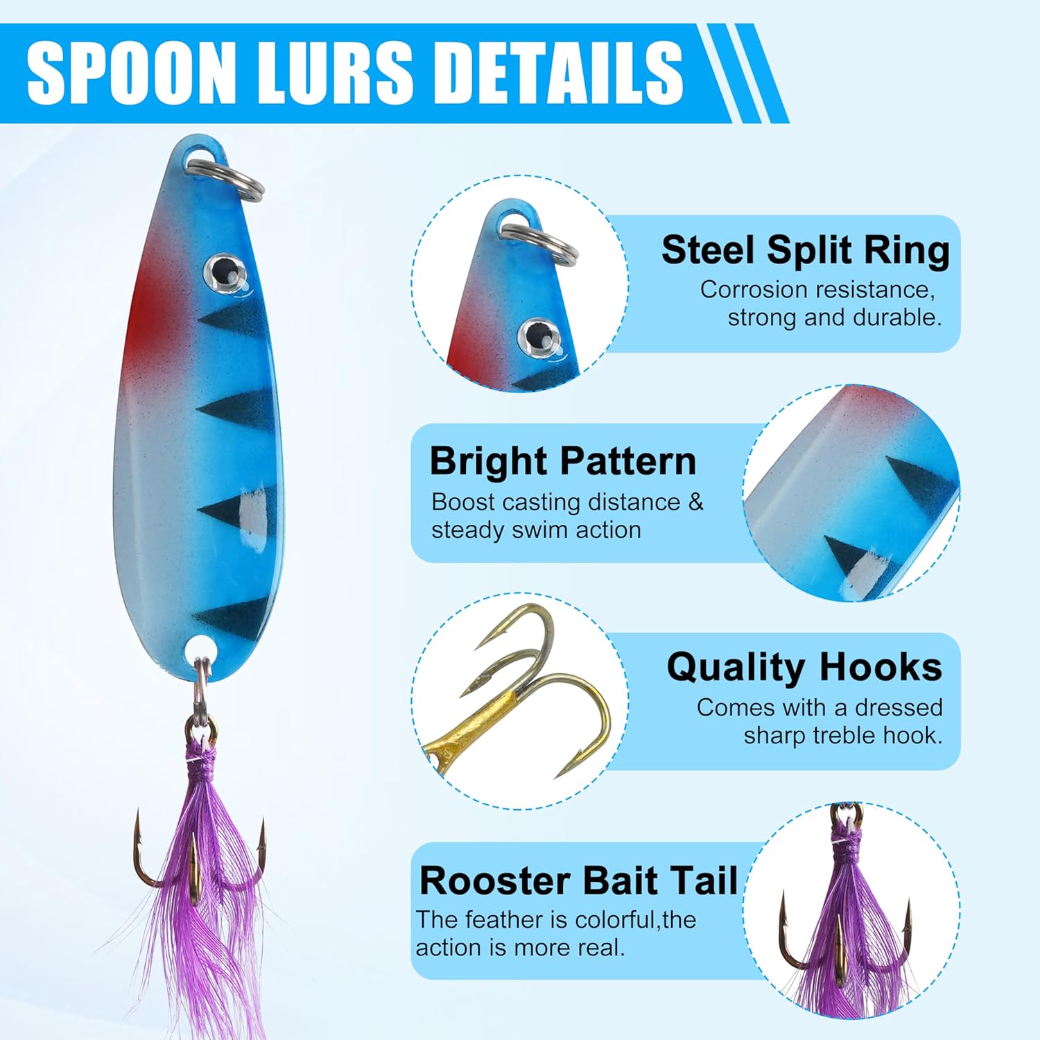 Rooster Bait Tail Spinner Fishing Lures Kit,30pcs Metal Spoon Lures with Feathered Treble Hooks for Bass Walleye Trout Freshwater Saltwater