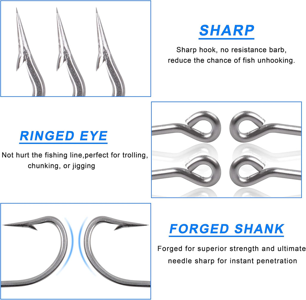 Saltwater Fishing J Hooks Kit,110pcs 34007 O'shaughnessy Forged Hooks Long Shank Stainless Steel J Fishing Hooks Set Trolling Sea Bass Fishhooks for Saltwater Freshwater