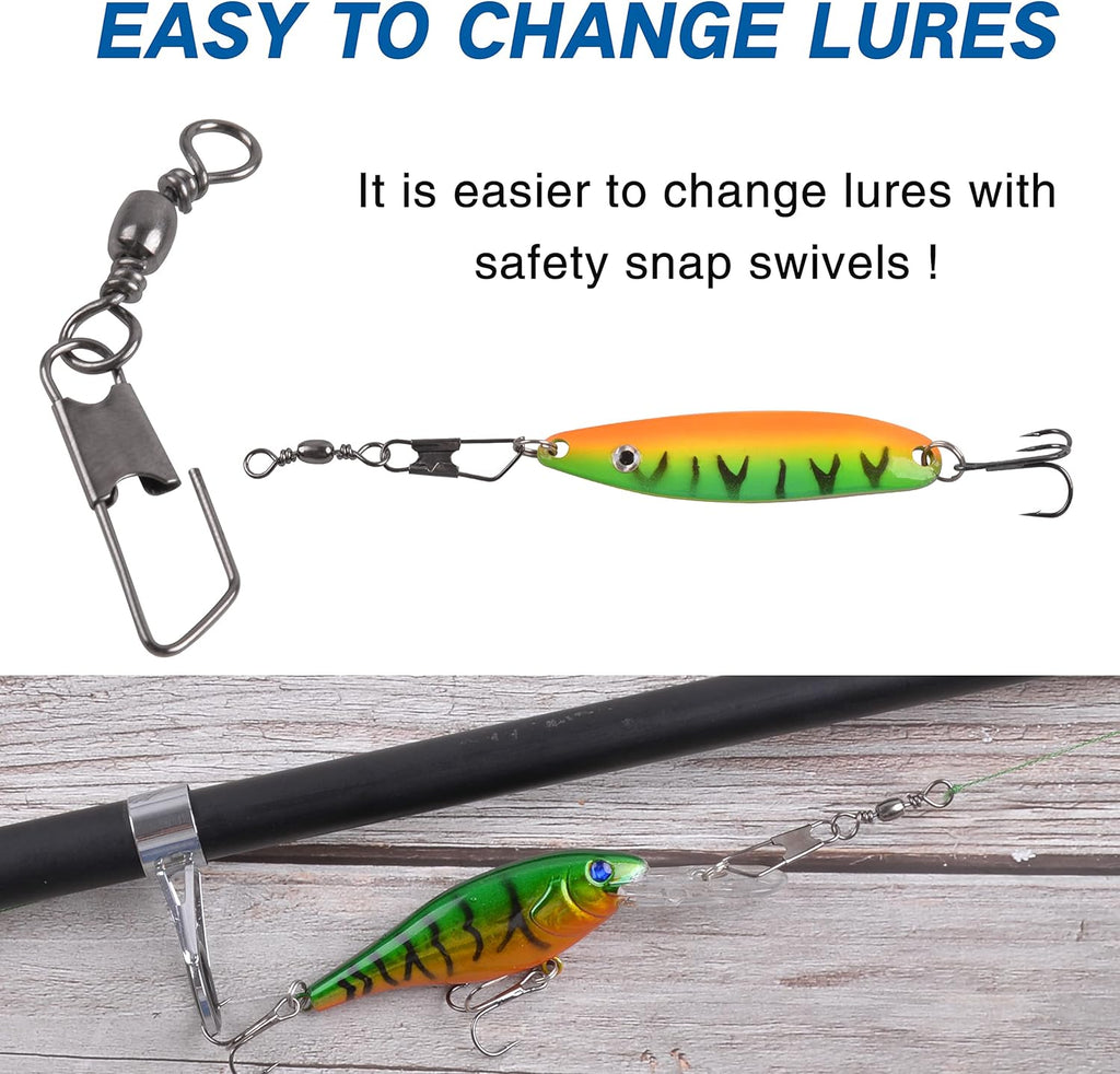 SILANON Barrel Fishing Swivel with Safety Snap -120pcs High Strength Barrel Snaps Swivel Fishing Tackle Line Connector Solid Rings(Black/Gold)