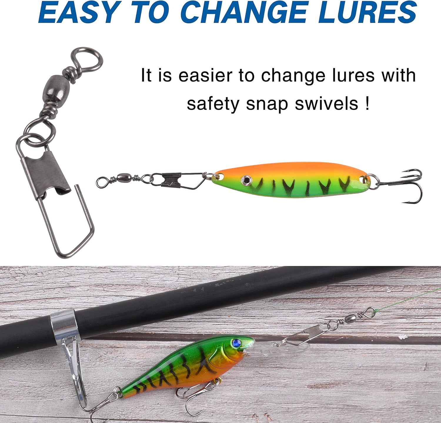 SILANON Barrel Fishing Swivel with Safety Snap -120pcs High Strength Barrel Snaps Swivel Fishing Tackle Line Connector Solid Rings(Black/Gold)