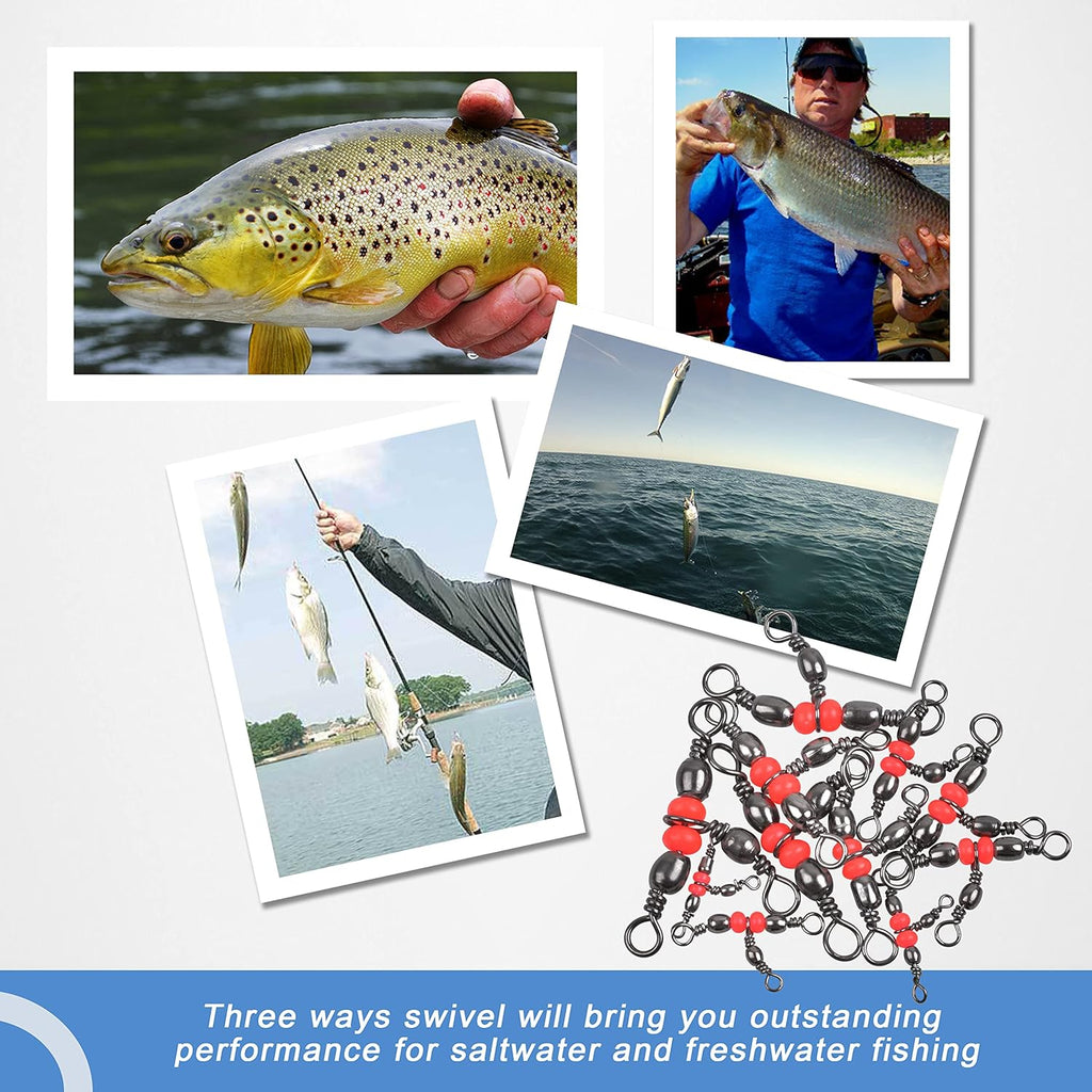 SILANON 3 Way T-Turn Barrel Swivels Fishing Tackle,40pcs Brass Barrel Triple Swivel Cross Line 3 Way Barrel Fishing Connector with Red Fishing Beads for Freshwater Saltwater Test 20-100LB