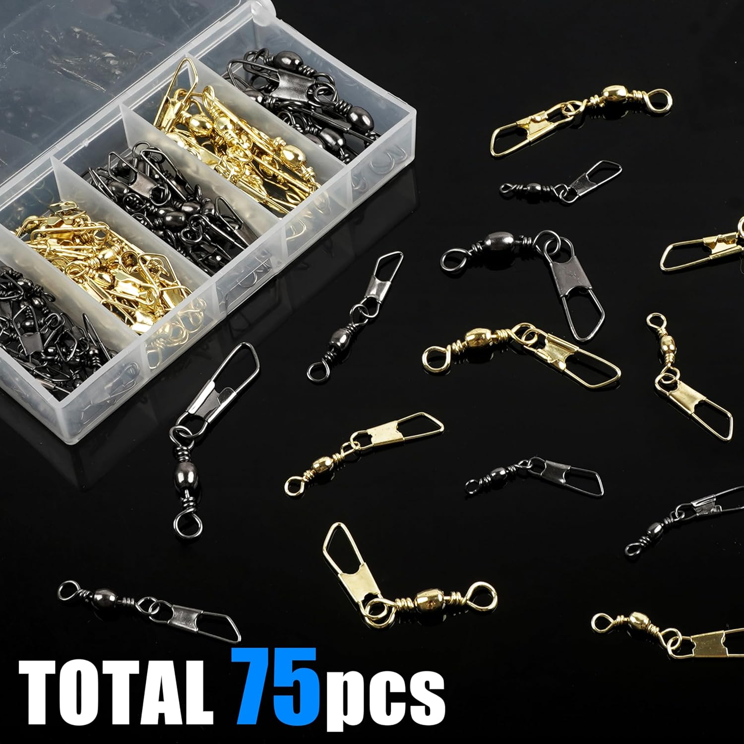 SILANON Fishing Snap Swivel Kit, 75pcs Rolling Barrel Swivels with Safety Snap High Strength Fishing Line Connector Swivels Snap Fishing Tackle