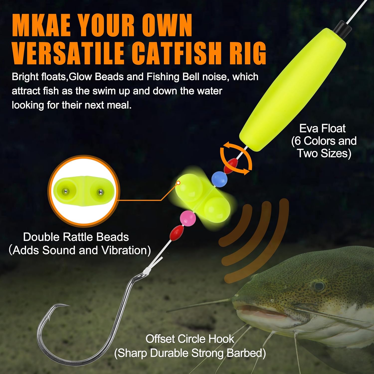 SILANON Catfish Rig Tackle Making Kit, Catfishing Tackle Accessories with Catfish Floats Catfish Hooks Swivels Fishing Rattles Bells Beads Bobber Stoppers Catfishing Gear Equipment