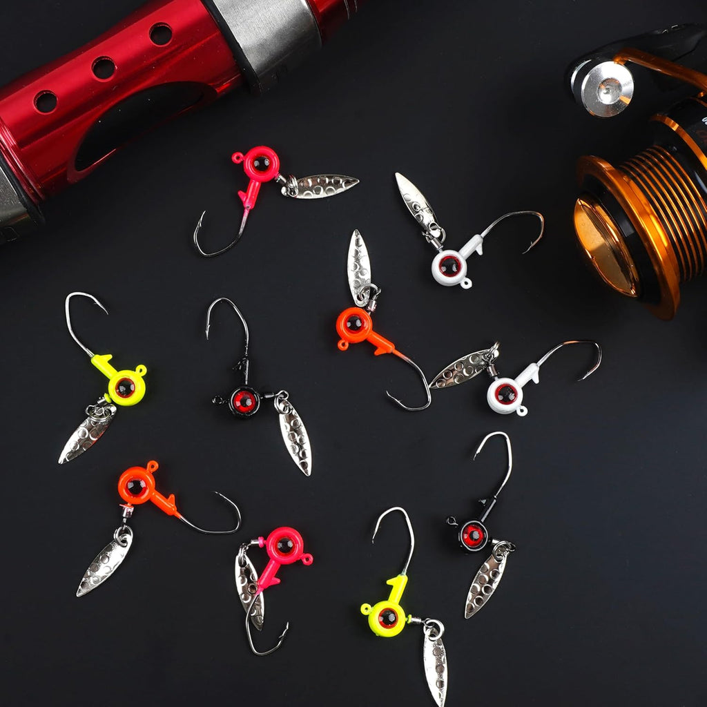 Crappie Jig Heads Kit, 16pcs Underspin Jig Heads with Spinner Blade 3D Eyes Fishing Jig Heads Hooks for Crappie Bass Trout Walleye Fishing 1/16oz 1/8oz 3/16oz