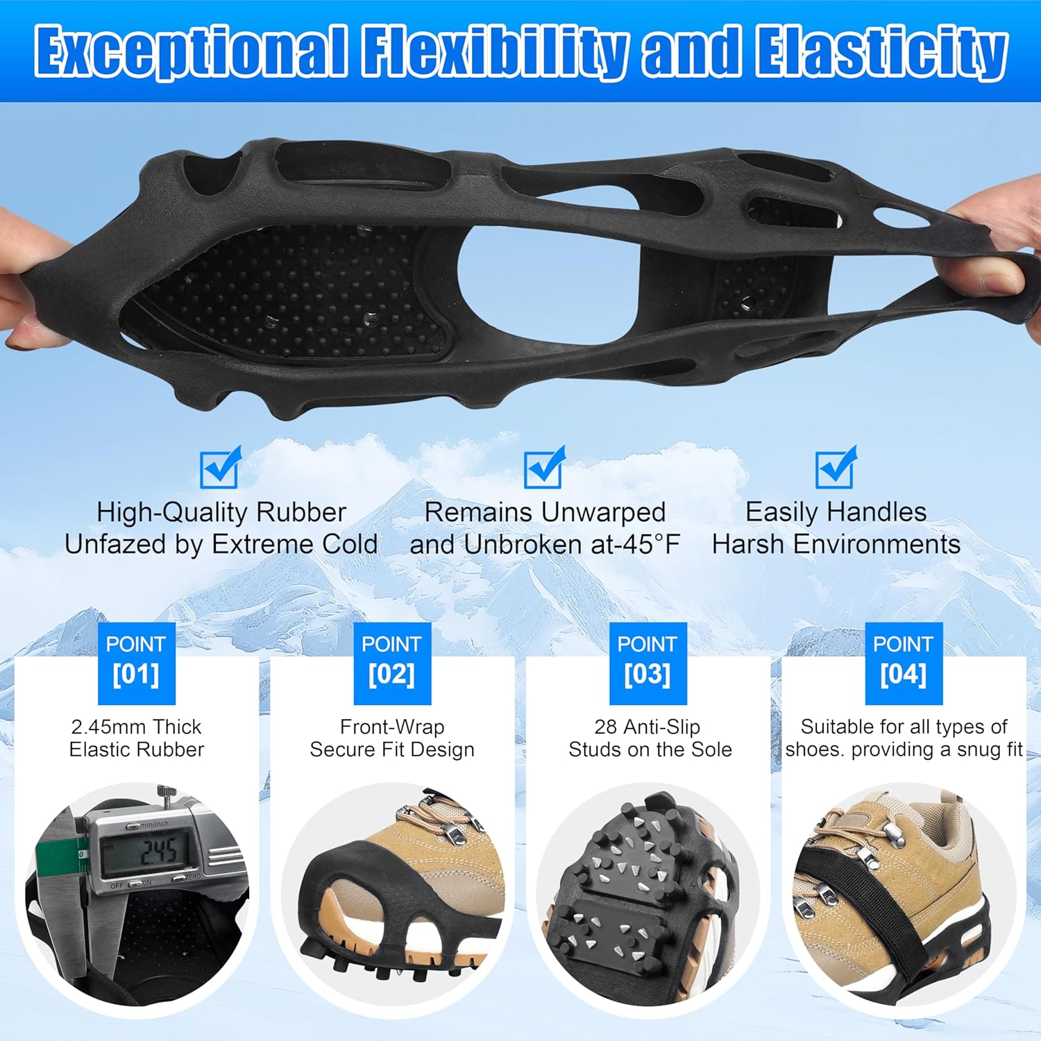 Ice Cleats, Crampons Ice Cleats for Shoes and Boots Men Women Kids,Non Slip 28 Steel Shoe Spikes for Snow and Ice Traction Snow Cleats Grippers for Winter Walking Hiking Fishing