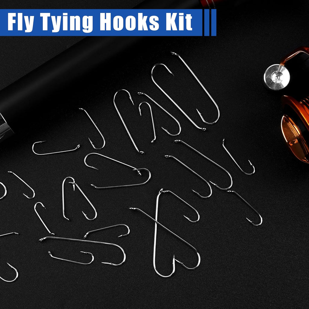 Fly Tying Hooks Assortment Kit, 410pcs Dry Fly Fishing Hooks Long Shank Eye Down Streamer Fly Hooks Dry Wet Flies Nymph Strimp & Pupa Streamer, Caddis Jig Fishing Hooks