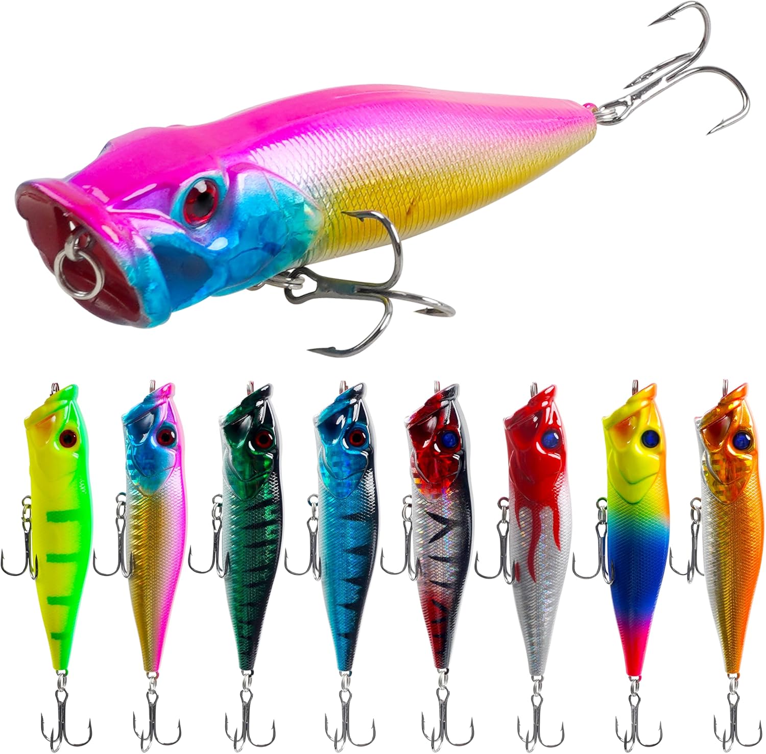 Popper Fishing Lures Kit,8pcs Saltwater Popper Lures Hard Baits Bass Fishing Lures Floating Lures Pencil Poppers Swimbaits for Bass Trout Walleye Freshwater Saltwater