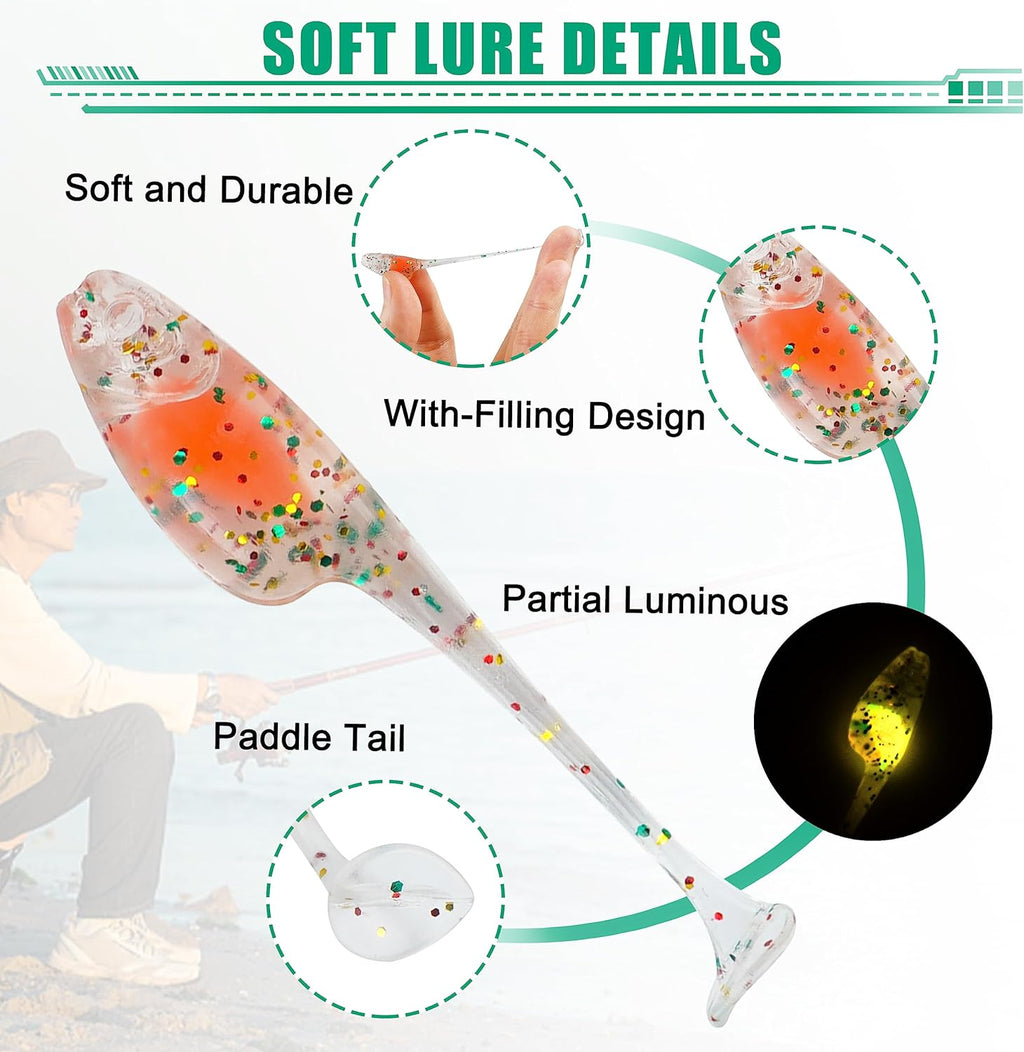 Crappie Lures Jigs Heads Kit, 55/48pcs Crappie Baits with Underspin Jig Heads Set Split Paddle Tail Grub Baits Soft Plastic Fishing Lures for Bass Panfish Saltwater Freshwater