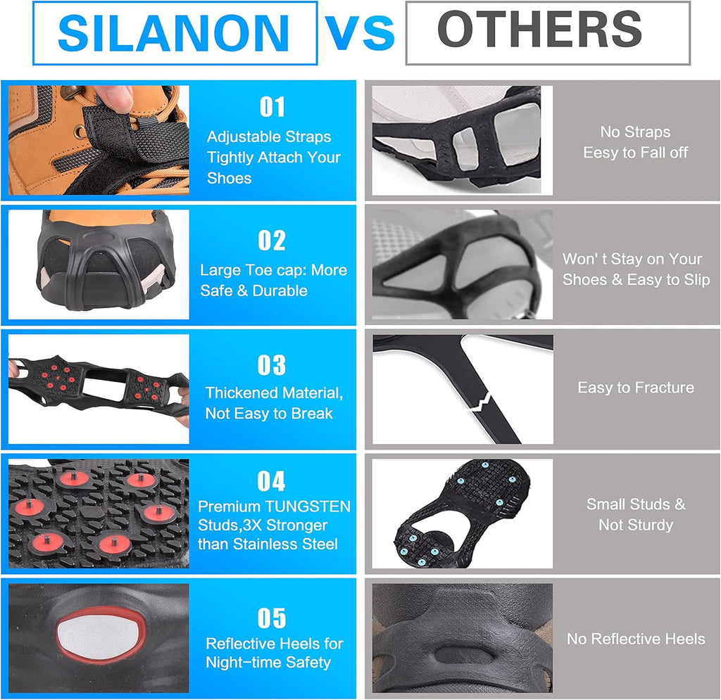 Ice Cleats for Shoes and Boots Tungsten Crampons Non-Slip Shoe Spikes Grippers for Snow and Ice Traction Cleats with Reflective Heel Slip-on Snow Cleats for Men Women Winter Walking