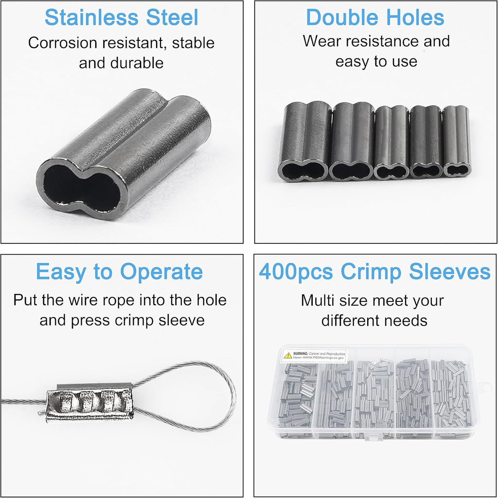 SILANON Fishing Crimp Sleeves Kit, 400pcs Double Barrel Crimp Sleeves Copper Brass Crimping Loop Sleeves Fishing Line Crimps Tube Connectors Wire Leader Rigging Tackle Set