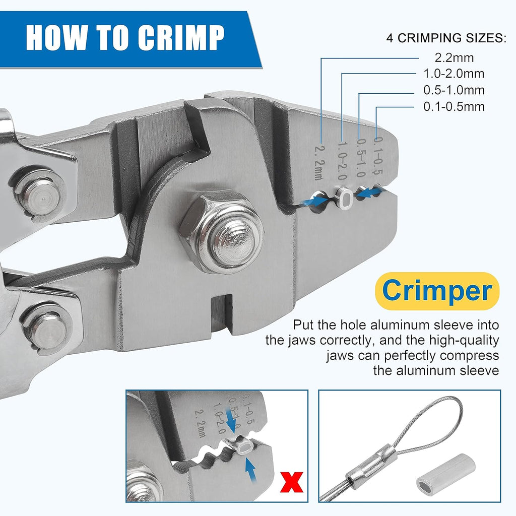Fishing Crimping Tool Kit,Stainless Steel Fishing Crimping Pliers Wire Rope Crimping Tool with 430pcs 5 Sizes Aluminum Copper Barrel Crimp Sleeves Beads Set,4 Crimping Sizes