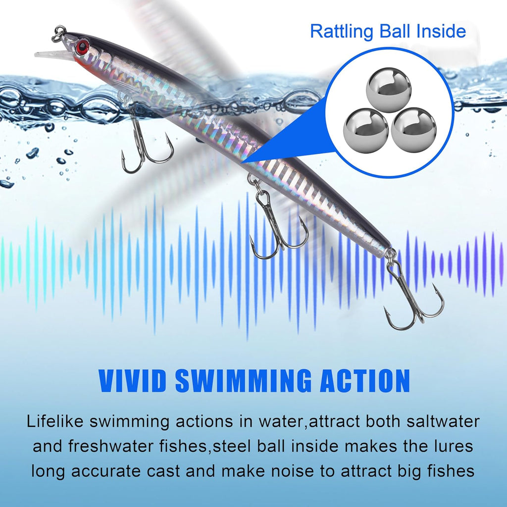 Saltwater Fishing Lures Kit, Surf Fishing Sriper Lures Saltwater Minnow Baits Deep Diving Jerkbait Popper Plugs Set for Striped Bass Offshore Ocean Tackle