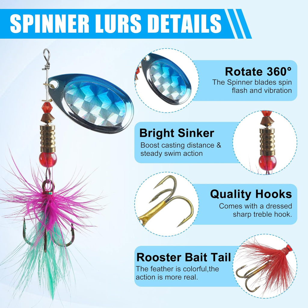 Rooster Bait Tail Spinner Fishing Lures Kit,30pcs Metal Spoon Lures with Feathered Treble Hooks for Bass Walleye Trout Freshwater Saltwater