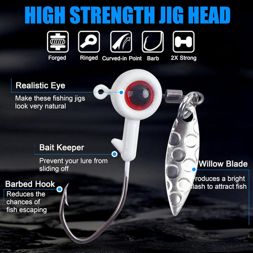 Crappie Jig Heads Kit, 16pcs Underspin Jig Heads with Spinner Blade 3D Eyes Fishing Jig Heads Hooks for Crappie Bass Trout Walleye Fishing 1/16oz 1/8oz 3/16oz