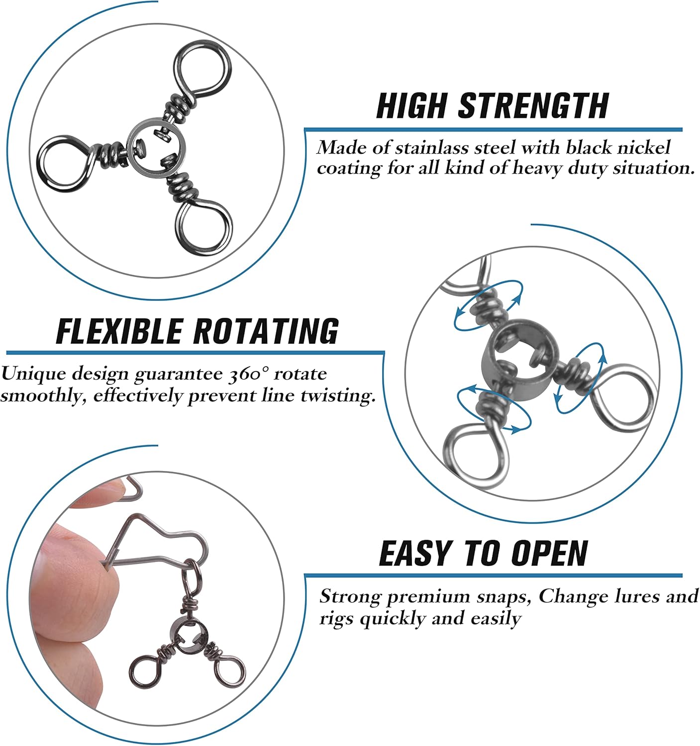 SILANON Fishing 3 Way Swivel Snaps Stainless Steel Cross Line Duo Lock Snap Swivels Saltwater Barrel Triple Swivels Fishing Tackle Connector for Catfish Trolling Surf Rig 26-83LB