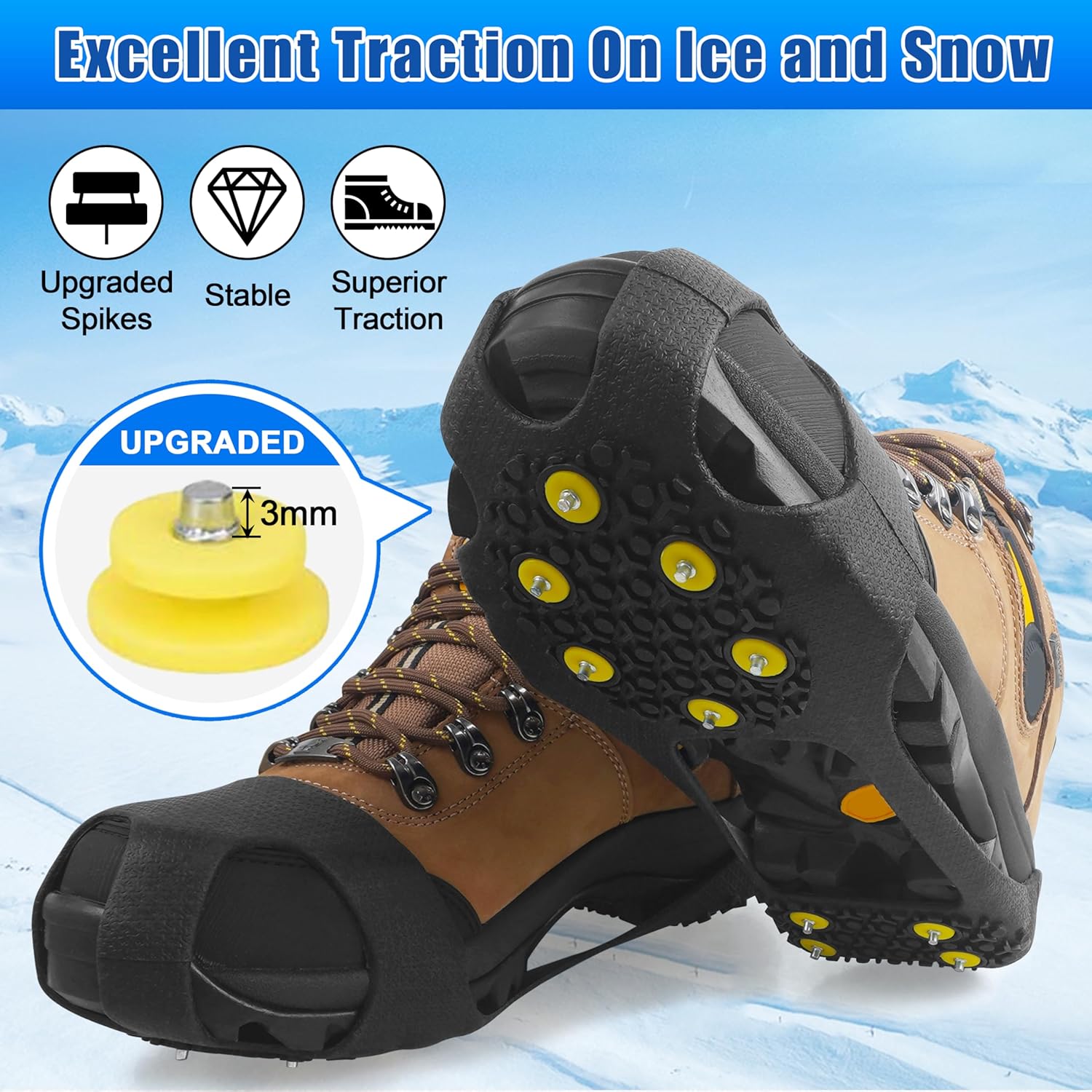 Ice Snow Cleats for Shoes Boots,Walk Traction Cleats Rubber Crampons Anti Slip 10-Stud Winter Ice Cleat Slip-on Stretch Footwear for Women Men Kids