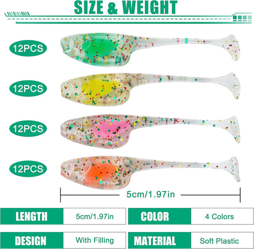 Crappie Lures Jigs Heads Kit, 55/48pcs Crappie Baits with Underspin Jig Heads Set Split Paddle Tail Grub Baits Soft Plastic Fishing Lures for Bass Panfish Saltwater Freshwater