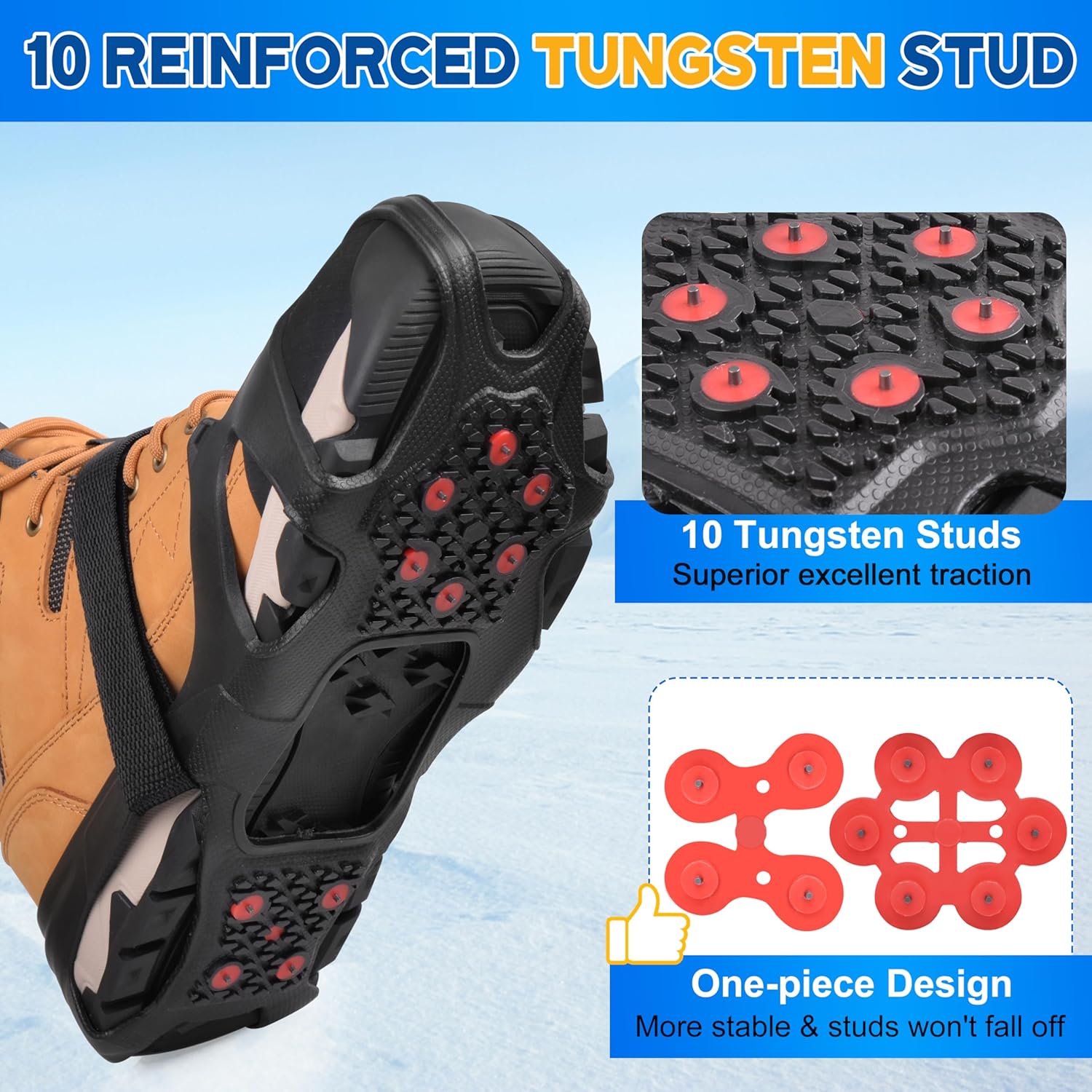 Ice Cleats for Shoes and Boots Tungsten Crampons Non-Slip Shoe Spikes Grippers for Snow and Ice Traction Cleats with Reflective Heel Slip-on Snow Cleats for Men Women Winter Walking