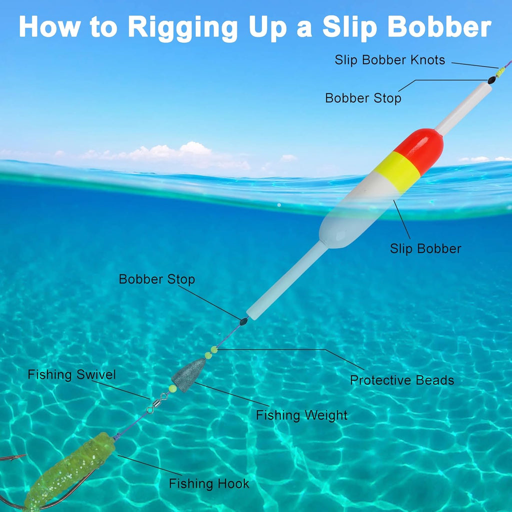 SILANON Fishing Slip Bobbers Kit Fishing Bobbers Floats Balsa Wood Slip Bobbers with Rubber Bobber Stops Slip Float Rig for Crappie Panfish Walleyes Trout Bass Fishing