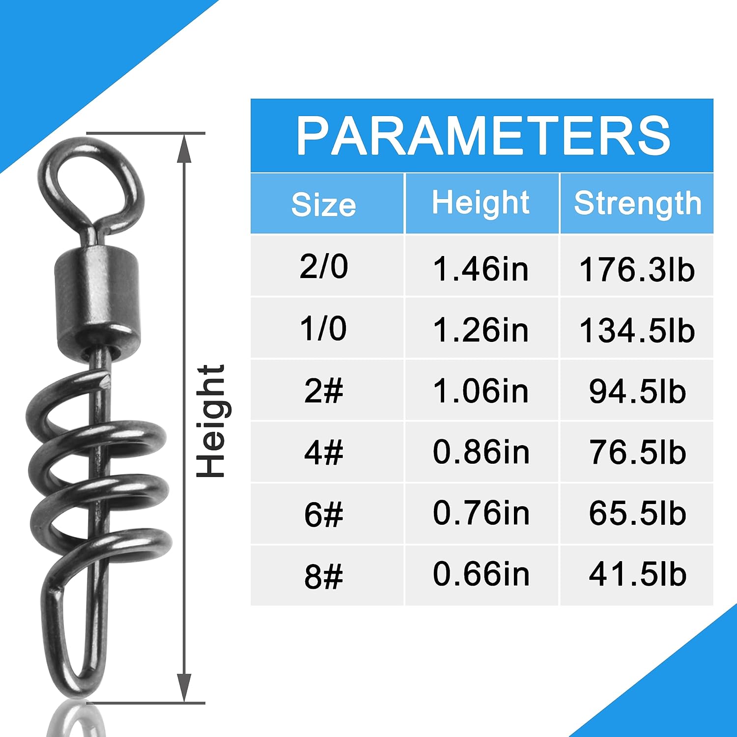 SILANON Fishing Corkscrew Snaps Swivel, 50pcs Stainless Steel Swirl Snap Swivels Barrel Rolling Swivels with Corkscrew Quick Clips Saltwater Freshwater Fishing Lure Line Connectors 2/0-8#