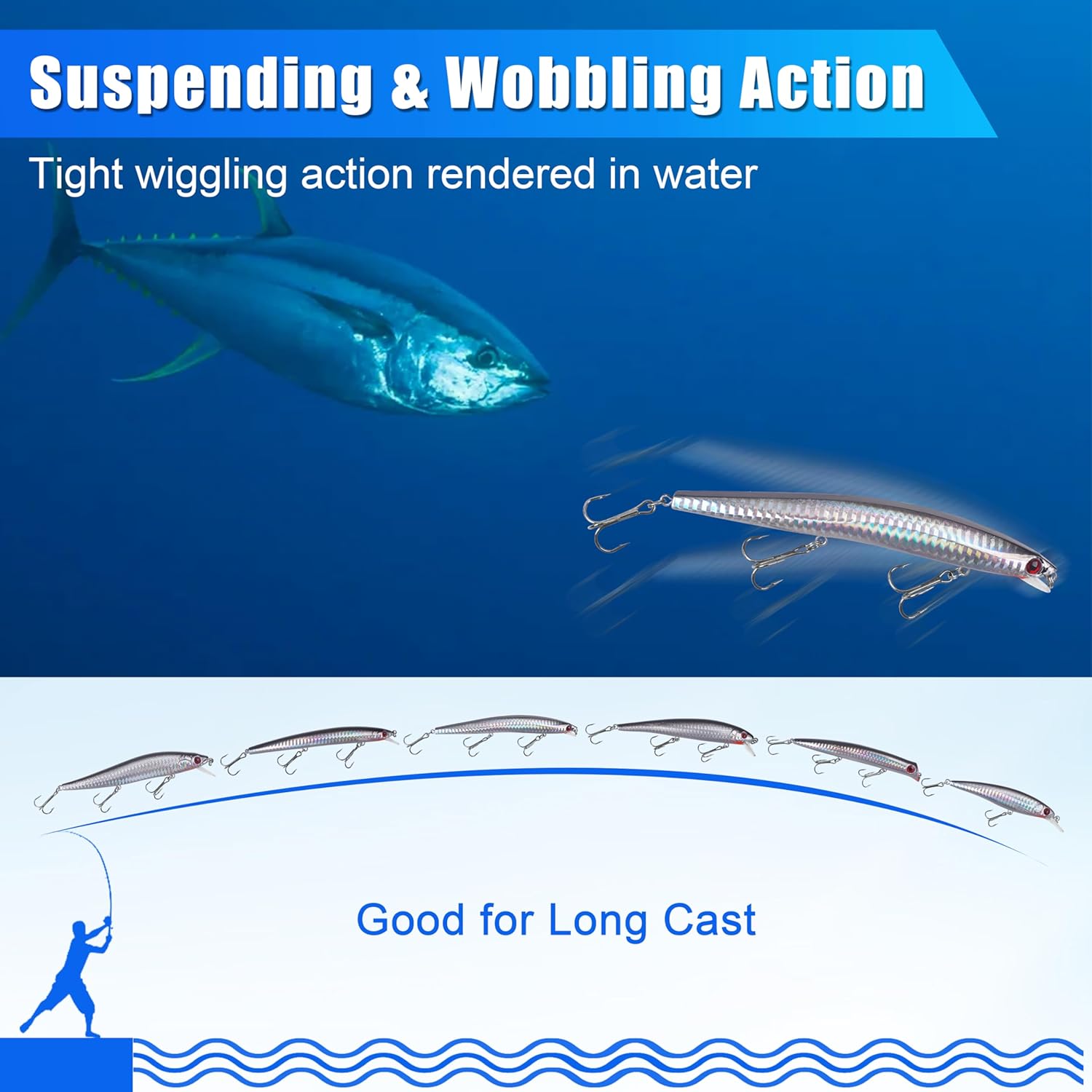 Saltwater Fishing Lures Kit, Surf Fishing Sriper Lures Saltwater Minnow Baits Deep Diving Jerkbait Popper Plugs Set for Striped Bass Offshore Ocean Tackle