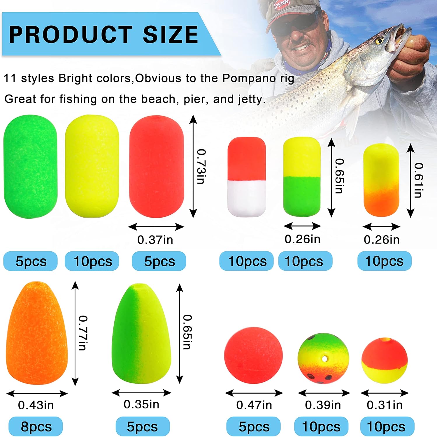 SILANON Pompano Rigs Floats Beads Kit,Foam Snell Fishing Floats Bobbers for Surf Fishing Live Bait Walleye Rig Making Accessories Bullet Cylinder Float for Trout Catfish