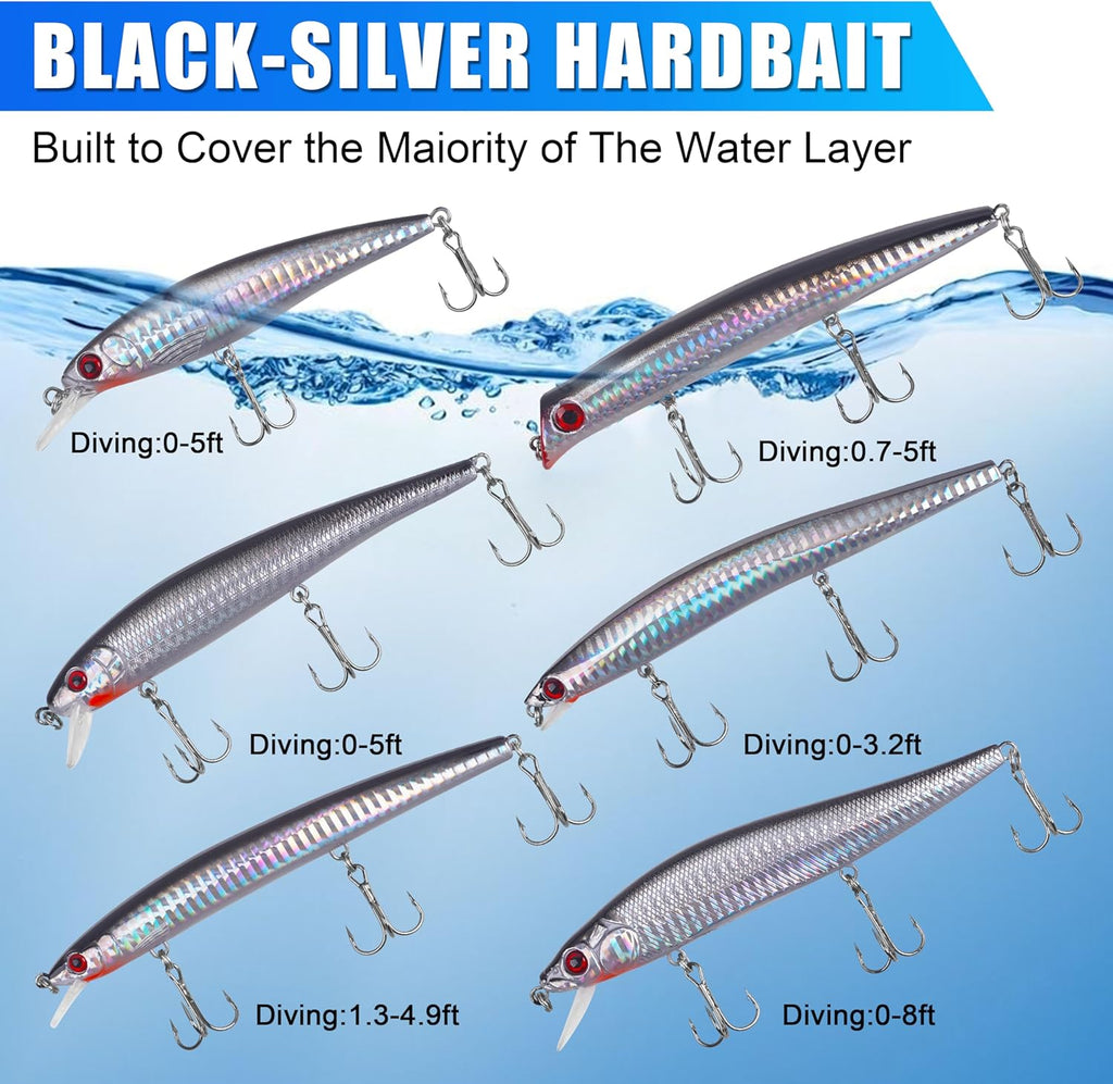 Saltwater Fishing Lures Kit, Surf Fishing Sriper Lures Saltwater Minnow Baits Deep Diving Jerkbait Popper Plugs Set for Striped Bass Offshore Ocean Tackle