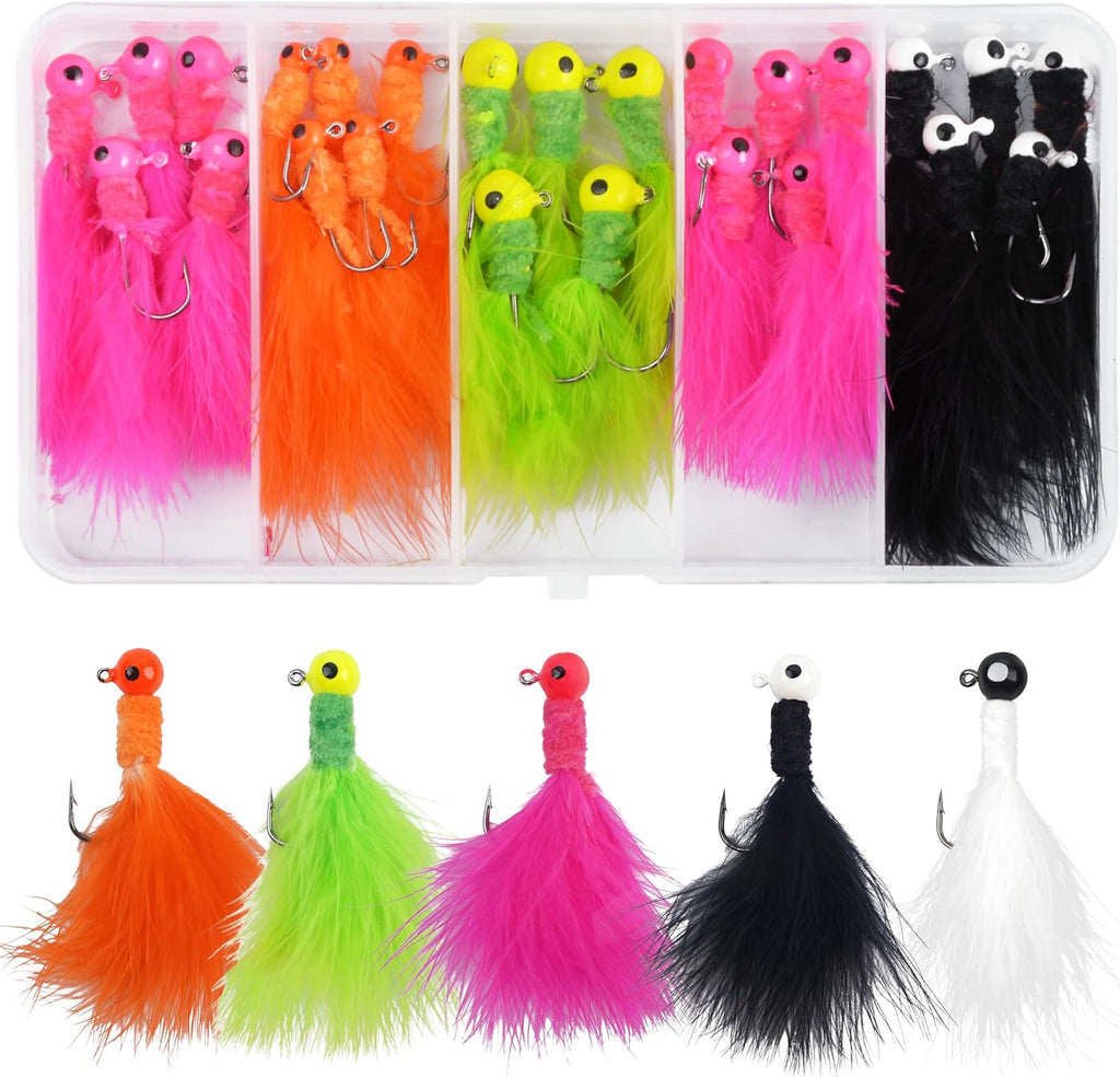 Marabou Jigs Fishing Lure Kit,25pcs Crappie Jigs Head Marabou Feather Jig Head Hooks Fishing Hair Jigs Baits for Bass Trout Walleye Panfish 1/32oz 1/16oz 1/8oz