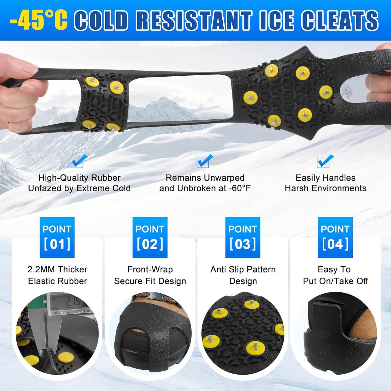 Ice Snow Cleats for Shoes Boots,Walk Traction Cleats Rubber Crampons Anti Slip 10-Stud Winter Ice Cleat Slip-on Stretch Footwear for Women Men Kids