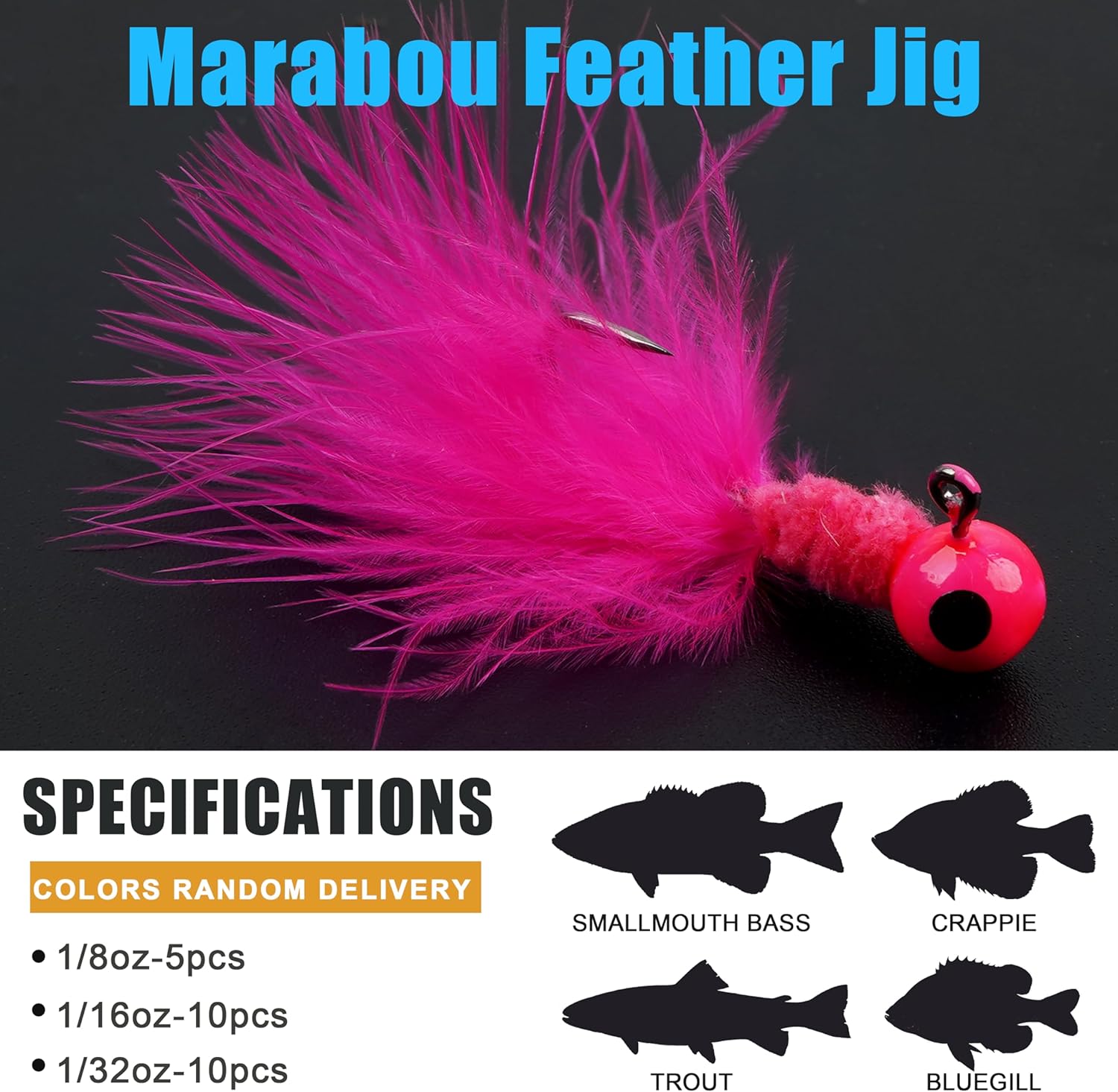 Marabou Jigs Fishing Lure Kit,25pcs Crappie Jigs Head Marabou Feather Jig Head Hooks Fishing Hair Jigs Baits for Bass Trout Walleye Panfish 1/32oz 1/16oz 1/8oz
