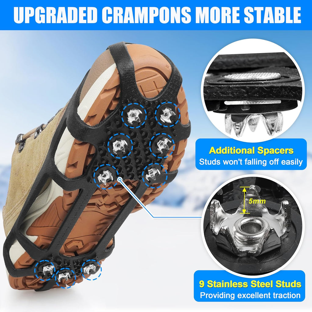 Ice Snow Cleats for Shoes and Boots,Snow Walk Traction Cleats Crampons Non-Slip 9 Point Cleats Ice Snow Grippers Overshoe for Women Men Kids Walking on Snow & Ice