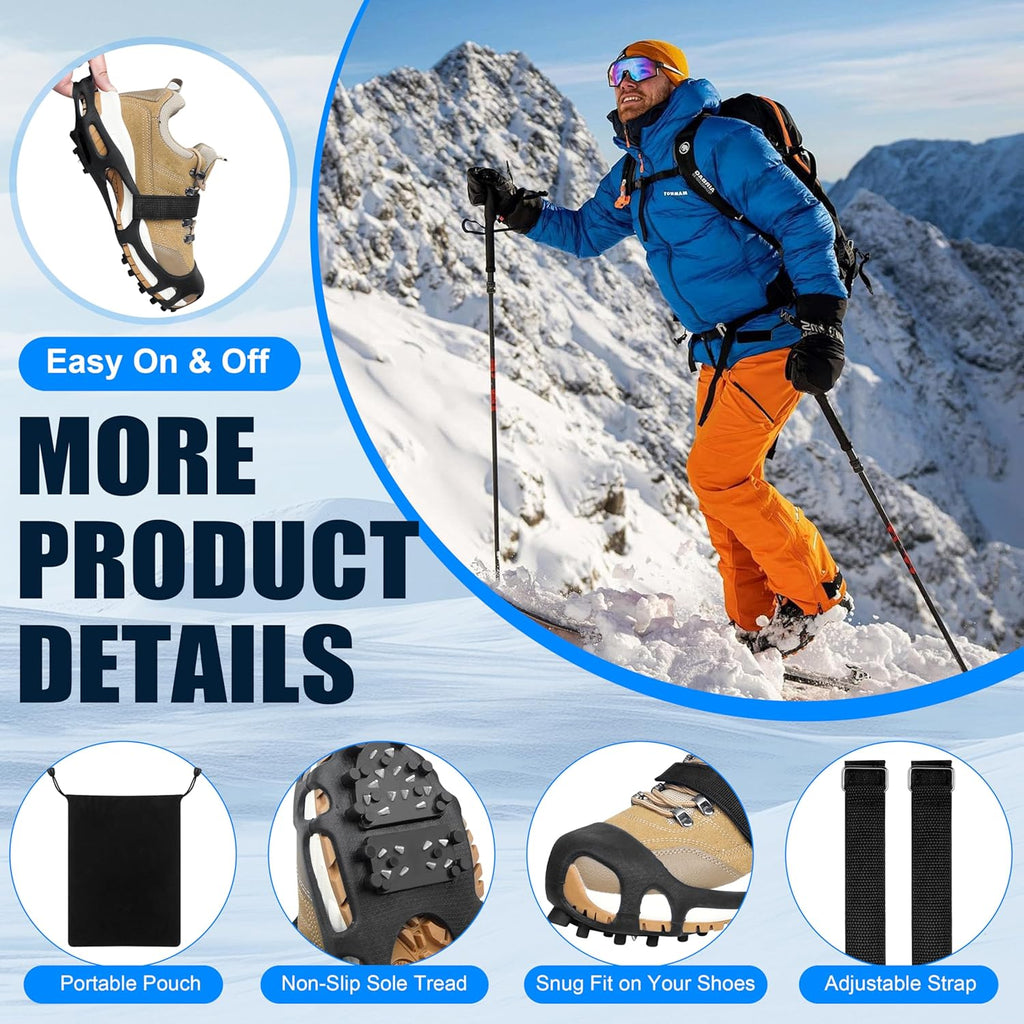 Ice Cleats, Crampons Ice Cleats for Shoes and Boots Men Women Kids,Non Slip 28 Steel Shoe Spikes for Snow and Ice Traction Snow Cleats Grippers for Winter Walking Hiking Fishing