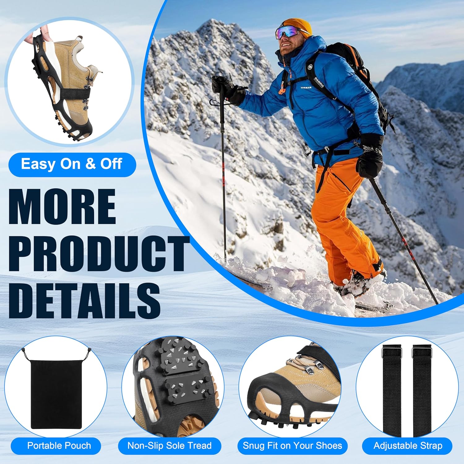 Ice Cleats, Crampons Ice Cleats for Shoes and Boots Men Women Kids,Non Slip 28 Steel Shoe Spikes for Snow and Ice Traction Snow Cleats Grippers for Winter Walking Hiking Fishing