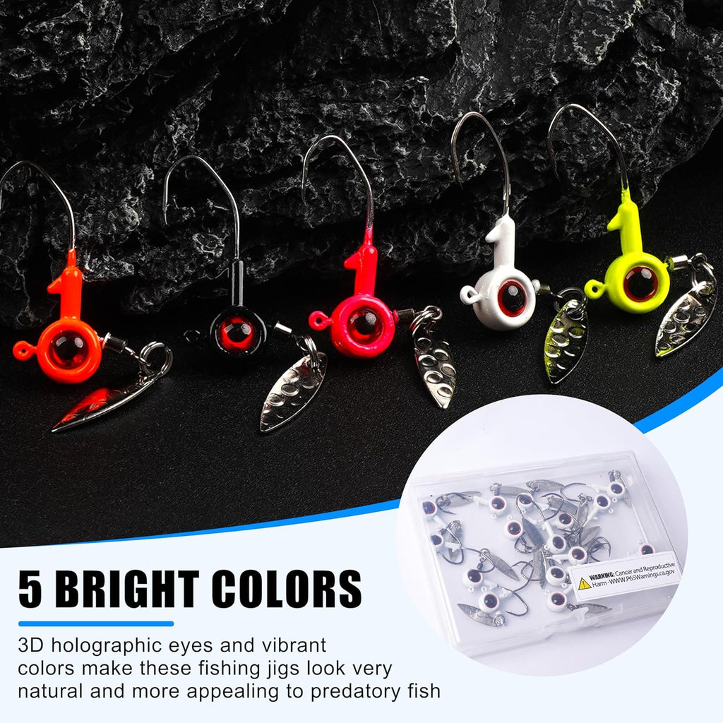 Crappie Jig Heads Kit, 16pcs Underspin Jig Heads with Spinner Blade 3D Eyes Fishing Jig Heads Hooks for Crappie Bass Trout Walleye Fishing 1/16oz 1/8oz 3/16oz