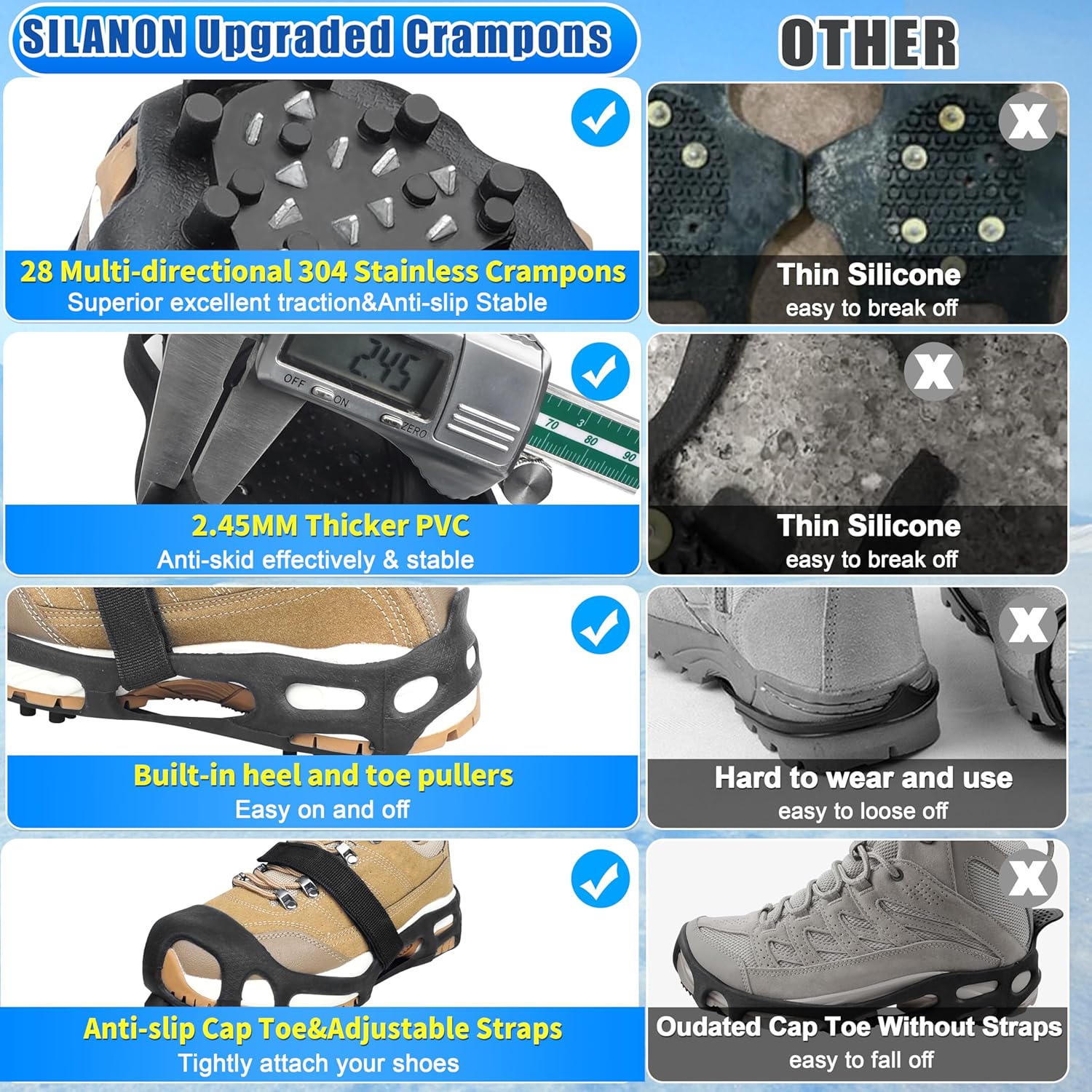 Ice Cleats, Crampons Ice Cleats for Shoes and Boots Men Women Kids,Non Slip 28 Steel Shoe Spikes for Snow and Ice Traction Snow Cleats Grippers for Winter Walking Hiking Fishing