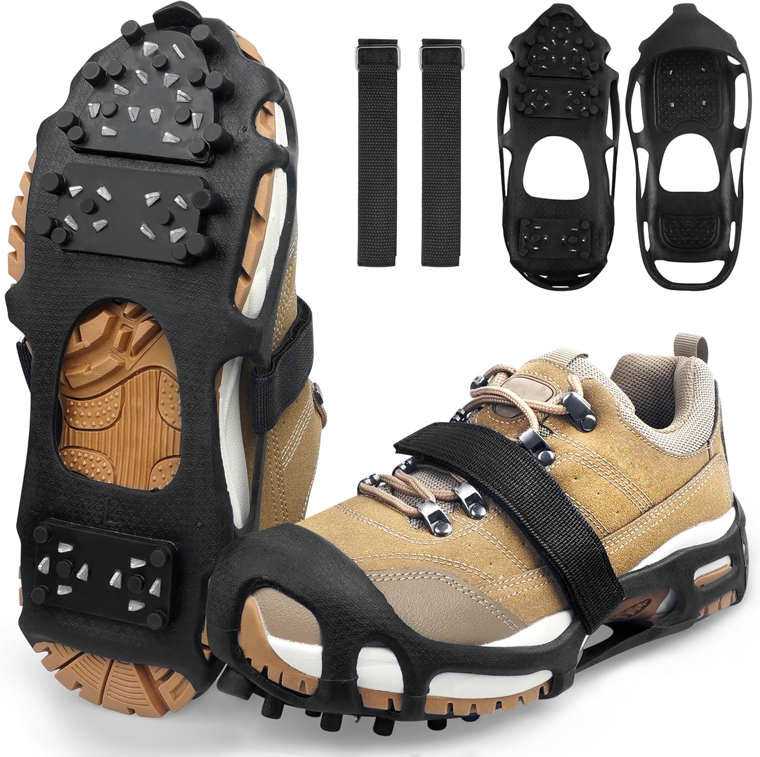 Ice Cleats, Crampons Ice Cleats for Shoes and Boots Men Women Kids,Non Slip 28 Steel Shoe Spikes for Snow and Ice Traction Snow Cleats Grippers for Winter Walking Hiking Fishing
